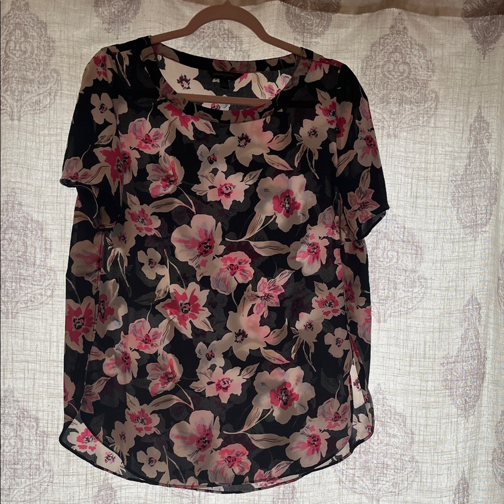 Banana Republic Black Floral Short Sleeve with Pink & Cream Blooms